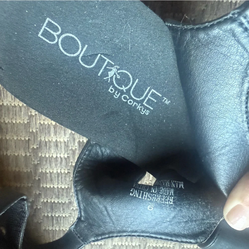Corkys Boutique Black Wedge Sandals Size 9 Platform Slingback Cork Heel Shoes